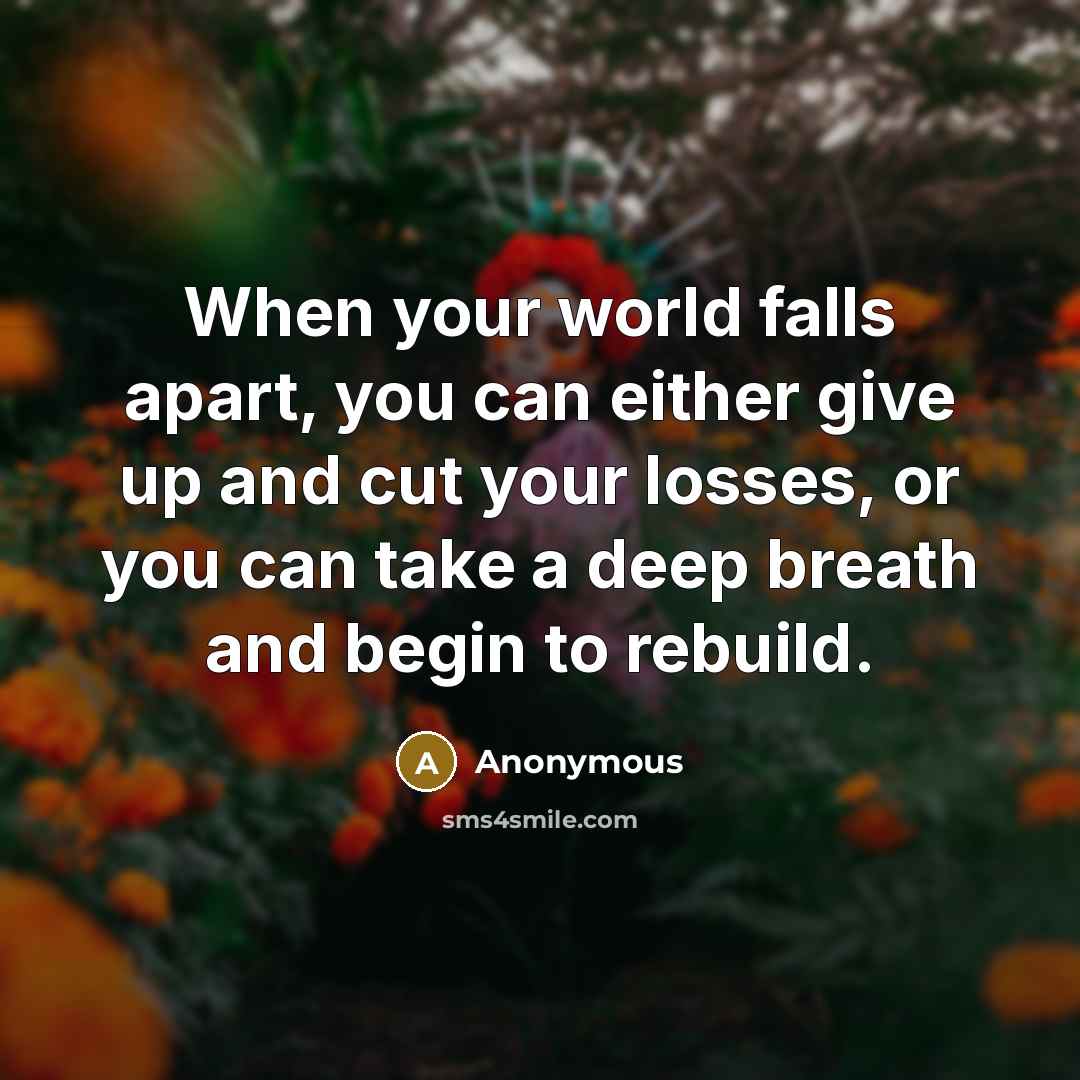 “When your world falls apart, you can either give up and cut your losses, or you can take a deep breath and begin to rebuild.” quote by Anonymous