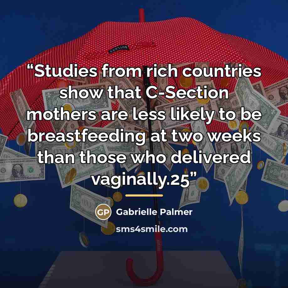 “Studies from rich countries show that C-Section mothers are less likely to be breastfeeding at two weeks than those who delivered vaginally.25” quote by Gabrielle Palmer
