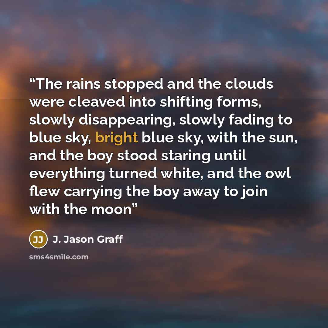 “The rains stopped and the clouds were cleaved into shifting forms, slowly disappearing, slowly fading to blue sky, bright blue sky, with the sun, and the boy stood staring until everything turned white, and the owl flew carrying the boy away to join with the moon” quote by J. Jason Graff