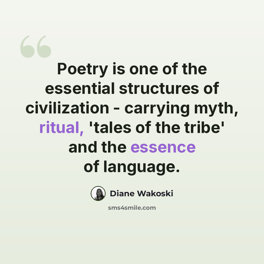 “Poetry is one of the essential structures of civilization - carrying myth, ritual, 'tales of the tribe' and the essence of language.” quote by Diane Wakoski