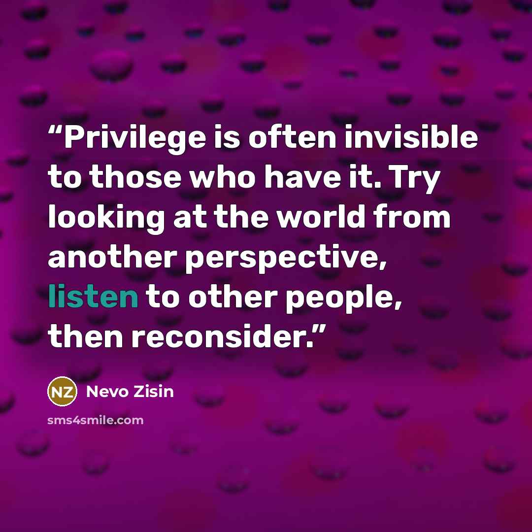 “Privilege is often invisible to those who have it. Try looking at the world from another perspective, listen to other people, then reconsider.” quote by Nevo Zisin