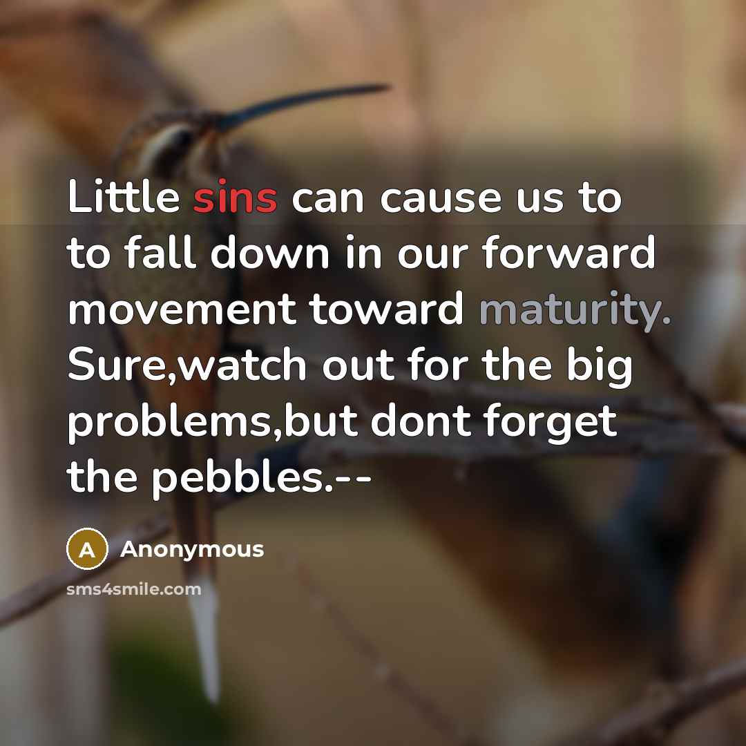“Little sins can cause us to to fall down in our forward movement toward maturity. Sure,watch out for the big problems,but dont forget the pebbles.--” quote by Anonymous