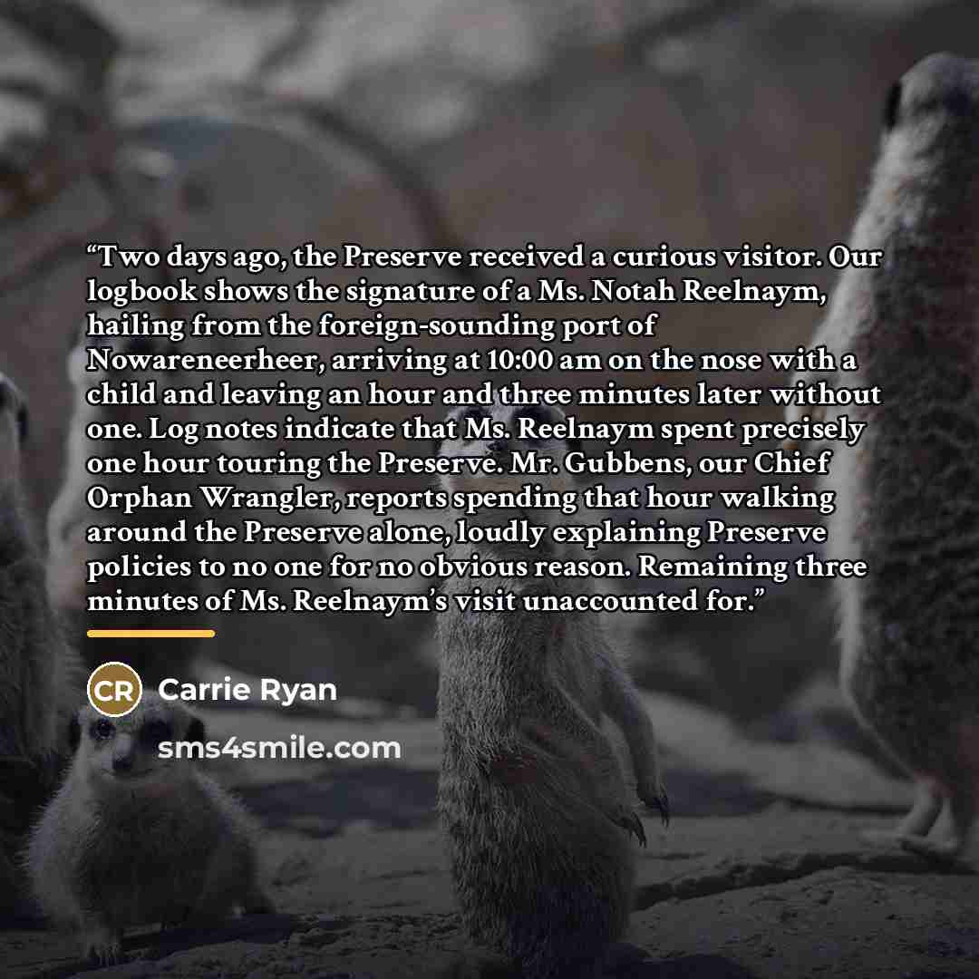 “Two days ago, the Preserve received a curious visitor. Our logbook shows the signature of a Ms. Notah Reelnaym, hailing from the foreign-sounding port of Nowareneerheer, arriving at 10:00 am on the nose with a child and leaving an hour and three minutes later without one. Log notes indicate that…” quote by Carrie Ryan