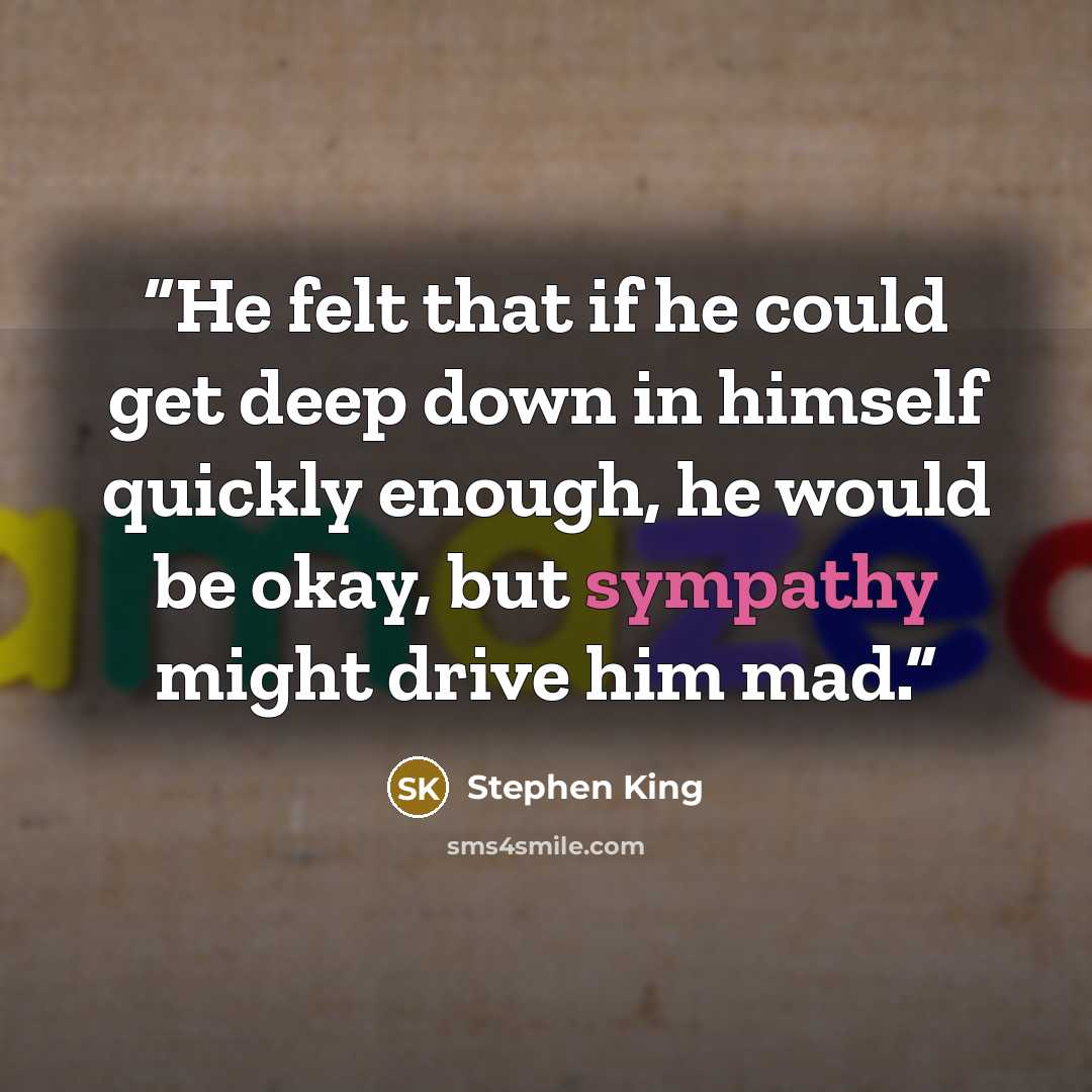 “He felt that if he could get deep down in himself quickly enough, he would be okay, but sympathy might drive him mad.” quote by Stephen King