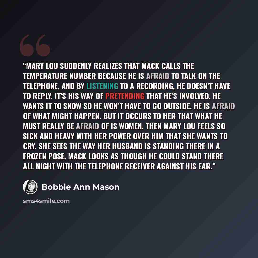 “Mary Lou suddenly realizes that Mack calls the temperature number because he is afraid to talk on the telephone, and by listening to a recording, he doesn’t have to reply. It’s his way of pretending that he’s involved. He wants it to snow so he won’t have to go outside. He is afraid of what might…” quote by Bobbie Ann Mason