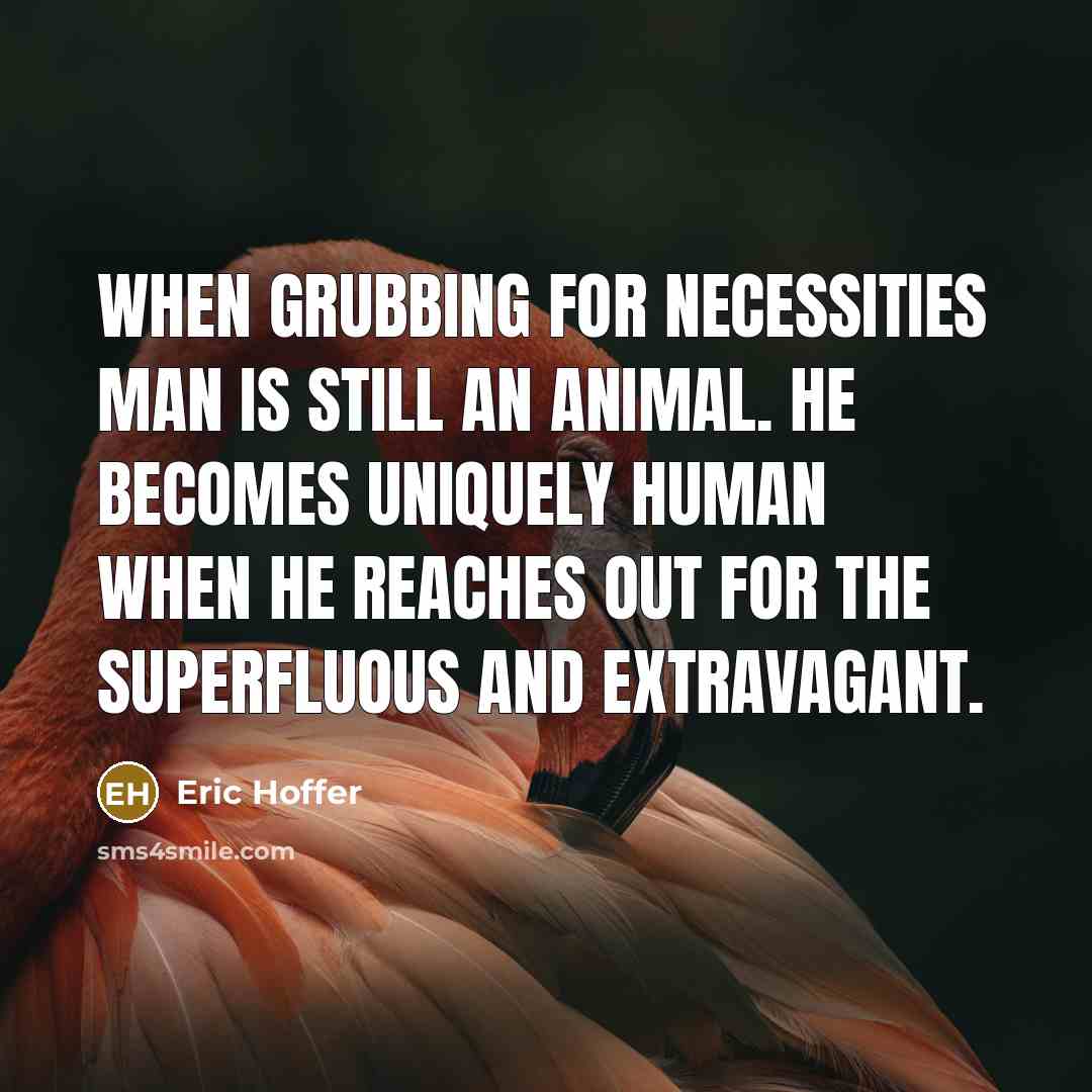 “When grubbing for necessities man is still an animal. He becomes uniquely human when he reaches out for the superfluous and extravagant.” quote by Eric Hoffer