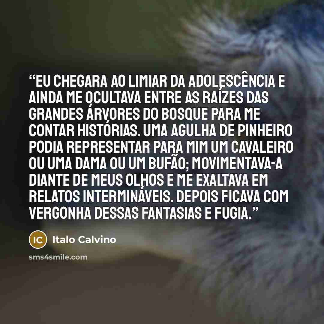 “Eu chegara ao limiar da adolescência e ainda me ocultava entre as raízes das grandes árvores do bosque para me contar histórias. Uma agulha de pinheiro podia representar para mim um cavaleiro ou uma dama ou um bufão; movimentava-a diante de meus olhos e me exaltava em relatos intermináveis. Depois…” quote by Italo Calvino