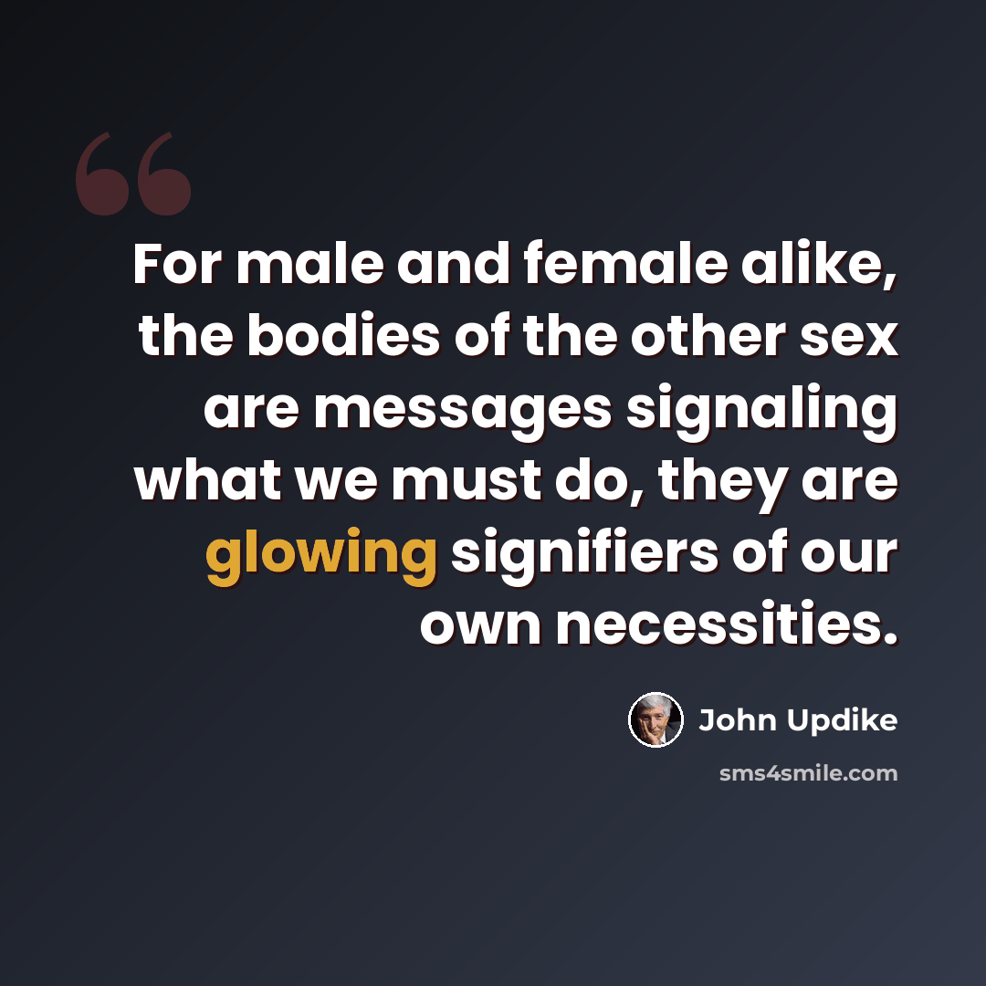 “For male and female alike, the bodies of the other sex are messages signaling what we must do, they are glowing signifiers of our own necessities.” quote by John Updike