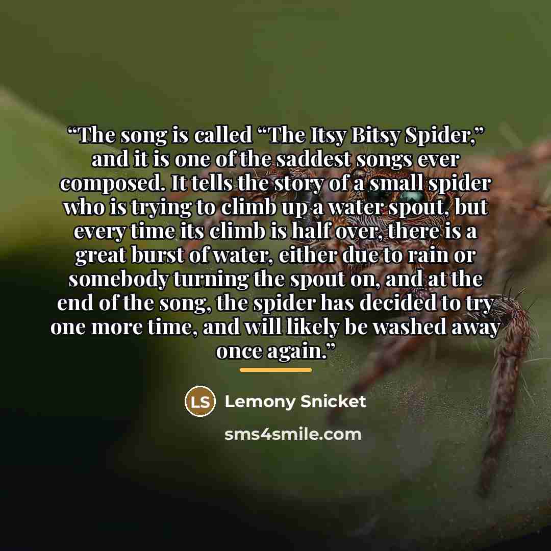“The song is called “The Itsy Bitsy Spider,” and it is one of the saddest songs ever composed. It tells the story of a small spider who is trying to climb up a water spout, but every time its climb is half over, there is a great burst of water, either due to rain or somebody turning the spout on…” quote by Lemony Snicket