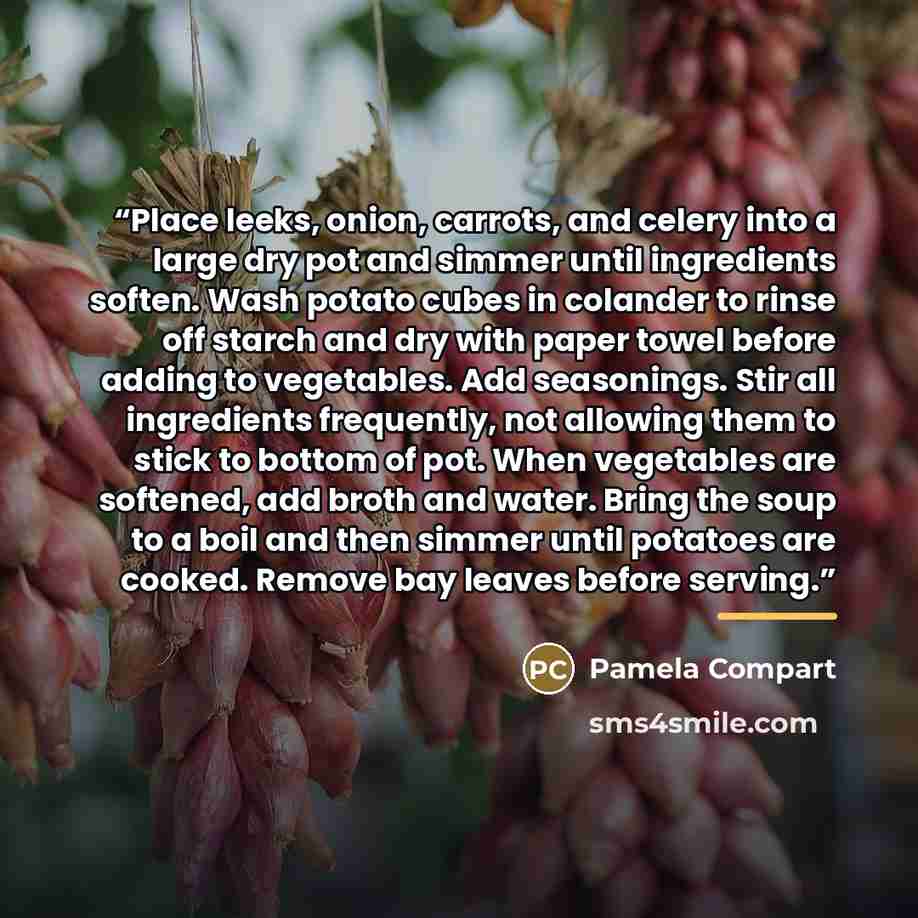 “Place leeks, onion, carrots, and celery into a large dry pot and simmer until ingredients soften. Wash potato cubes in colander to rinse off starch and dry with paper towel before adding to vegetables. Add seasonings. Stir all ingredients frequently, not allowing them to stick to bottom of pot…” quote by Pamela Compart