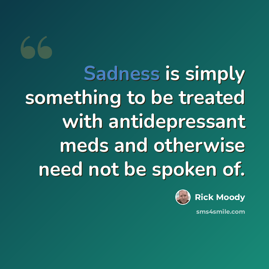 “Sadness is simply something to be treated with antidepressant meds and otherwise need not be spoken of.” quote by Rick Moody