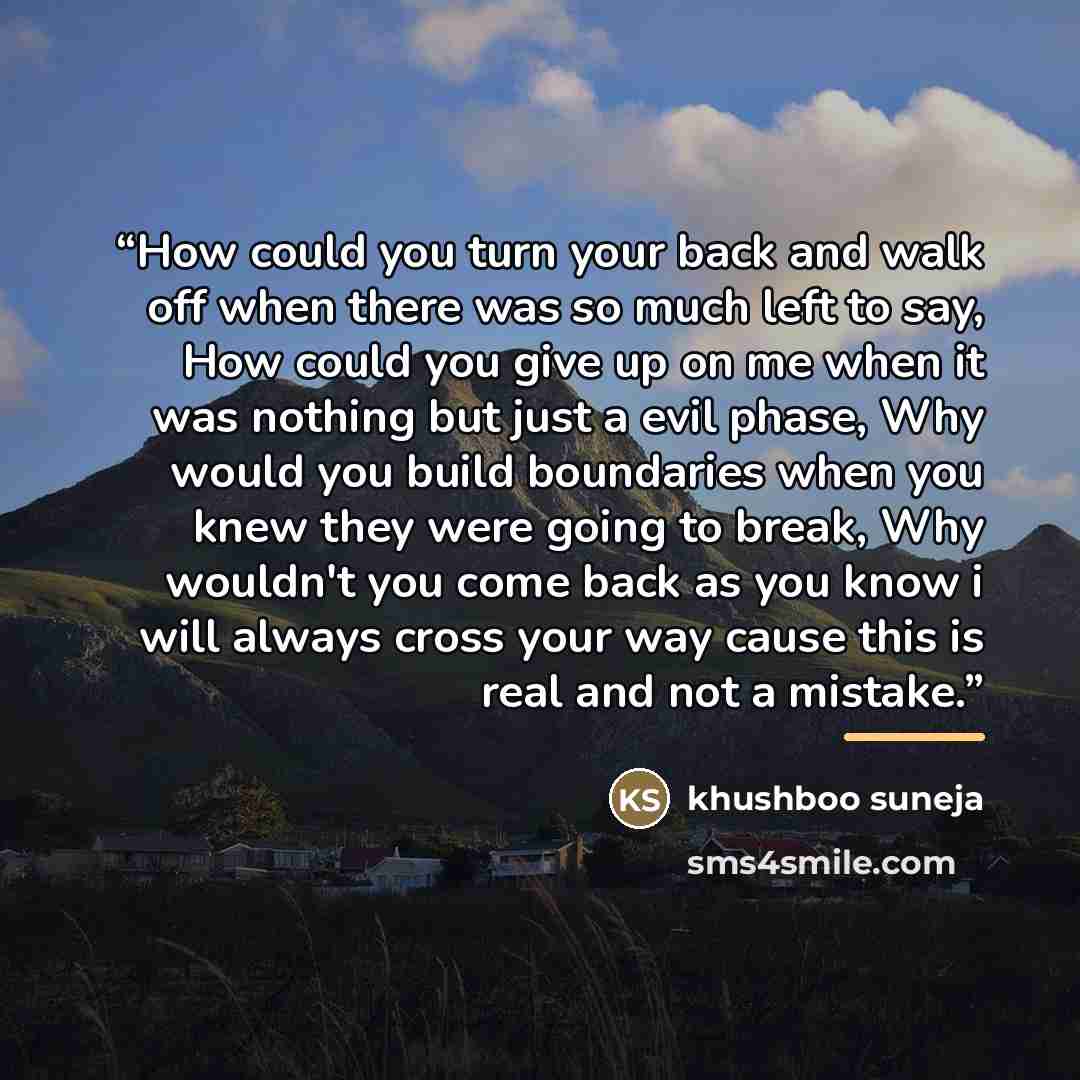 “How could you turn your back and walk off when there was so much left to say, How could you give up on me when it was nothing but just a evil phase, Why would you build boundaries when you knew they were going to break, Why wouldn't you come back as you know i will always cross your way cause this…” quote by khushboo suneja