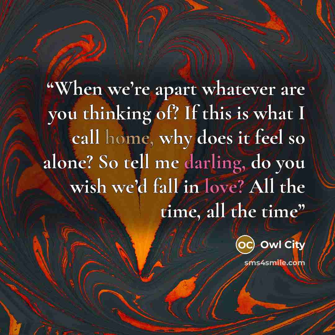 “When we’re apart whatever are you thinking of? If this is what I call home, why does it feel so alone? So tell me darling, do you wish we’d fall in love? All the time, all the time” quote by Owl City