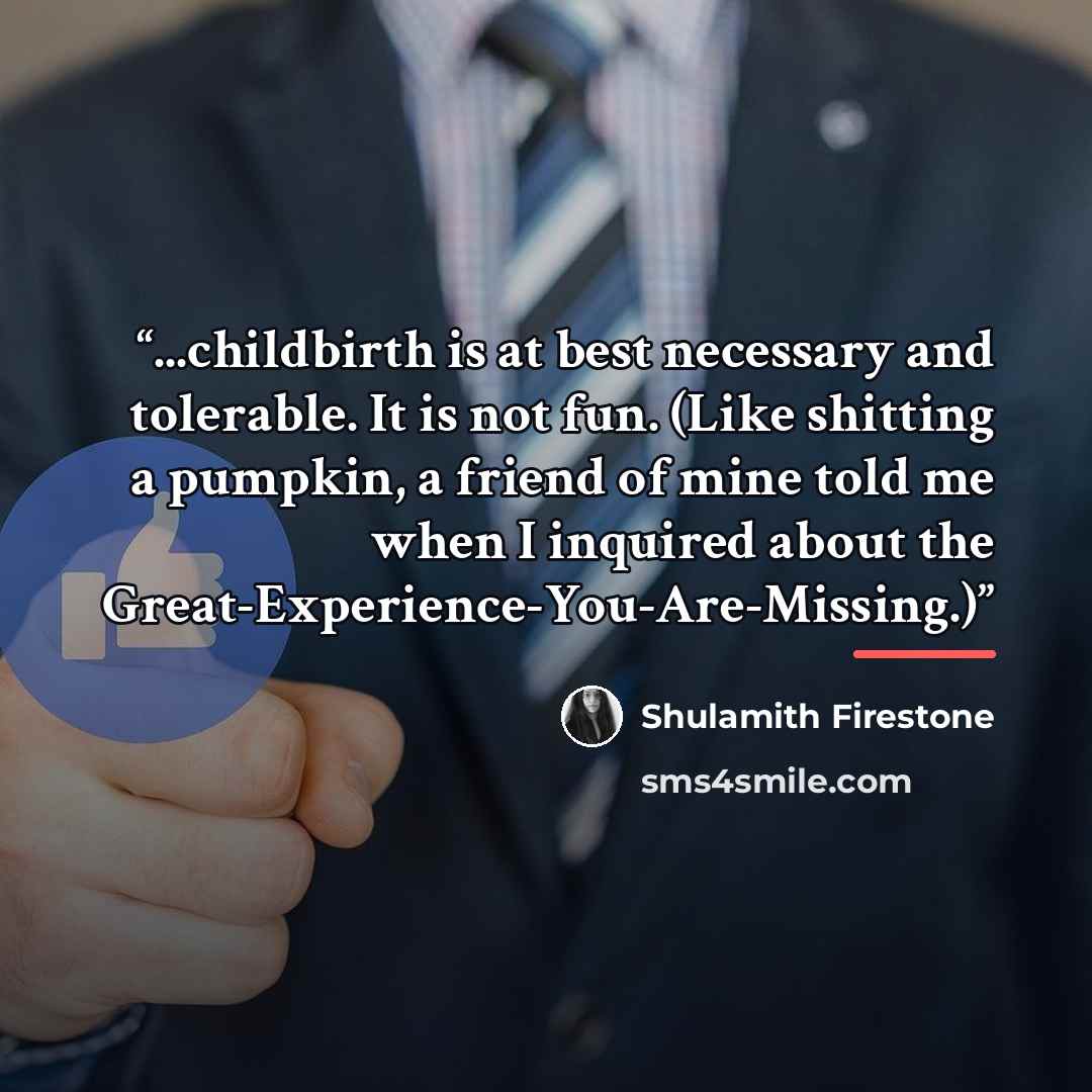 “...childbirth is at best necessary and tolerable. It is not fun. (Like shitting a pumpkin, a friend of mine told me when I inquired about the Great-Experience-You-Are-Missing.)” quote by Shulamith Firestone