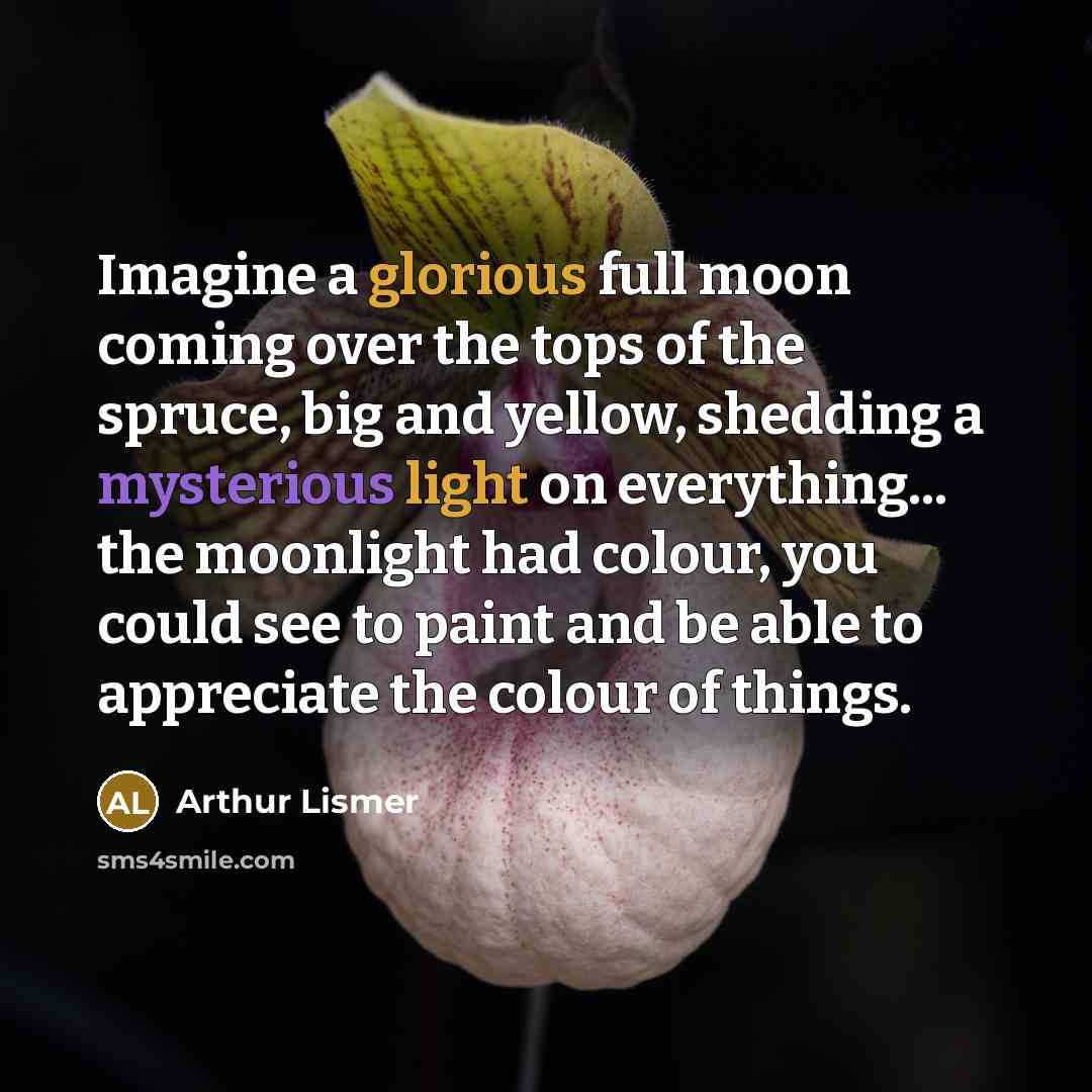 “Imagine a glorious full moon coming over the tops of the spruce, big and yellow, shedding a mysterious light on everything... the moonlight had colour, you could see to paint and be able to appreciate the colour of things.” quote by Arthur Lismer