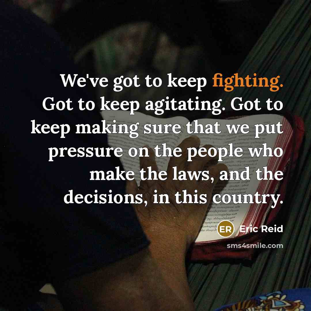 “We've got to keep fighting. Got to keep agitating. Got to keep making sure that we put pressure on the people who make the laws, and the decisions, in this country.” quote by Eric Reid