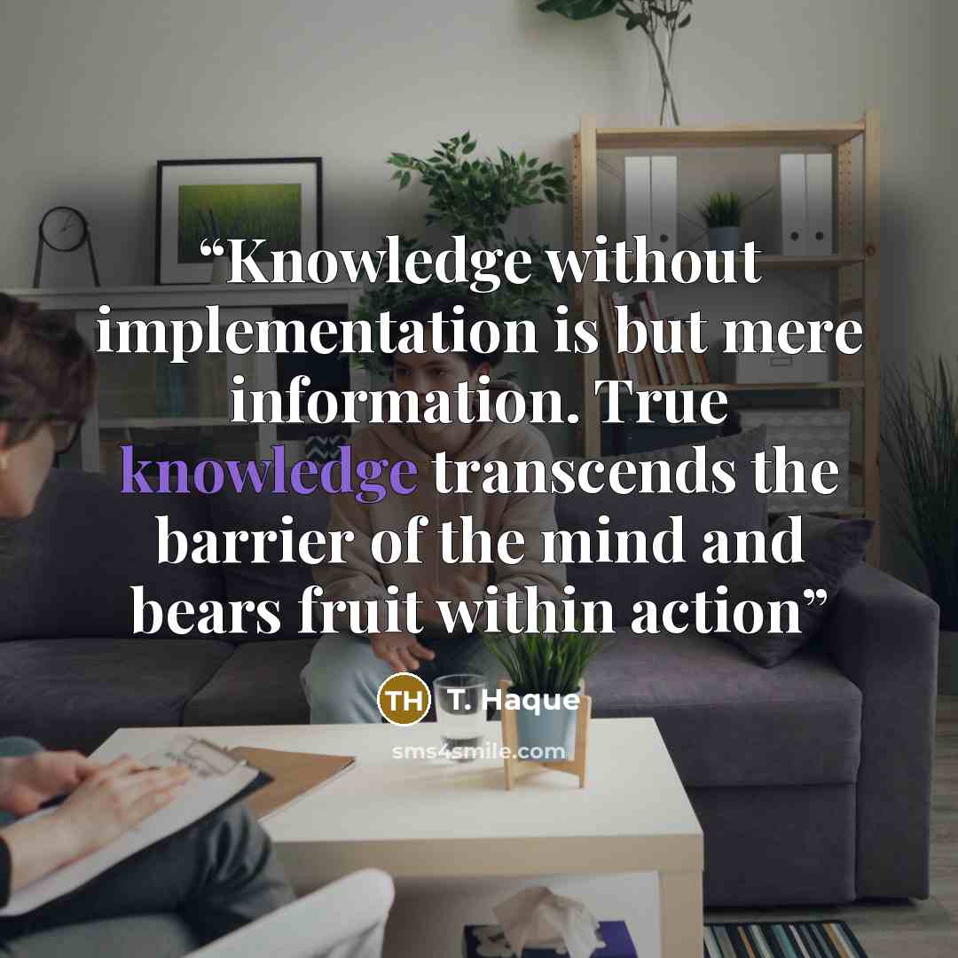 “Knowledge without implementation is but mere information. True knowledge transcends the barrier of the mind and bears fruit within action” quote by T. Haque