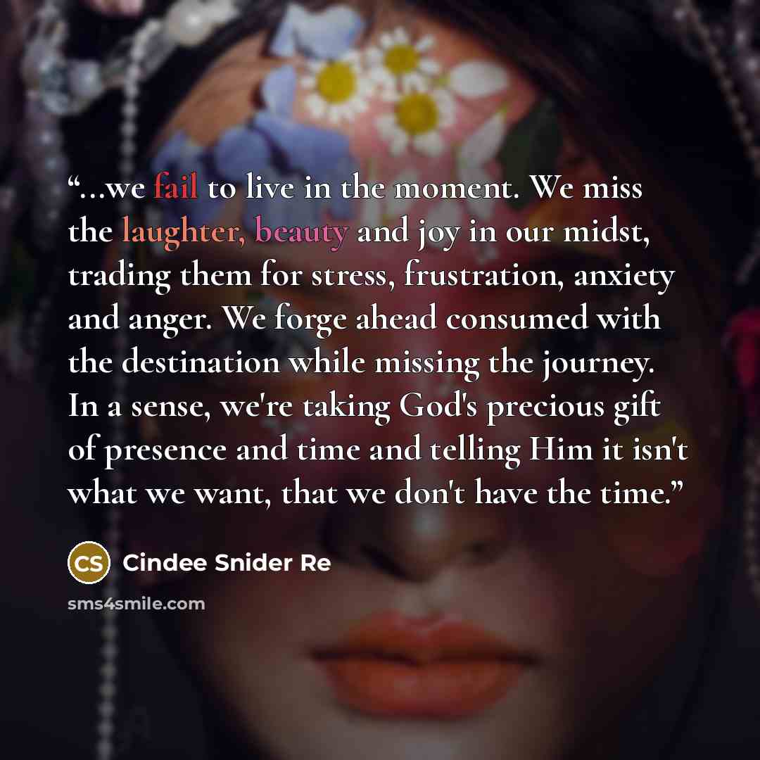 “...we fail to live in the moment. We miss the laughter, beauty and joy in our midst, trading them for stress, frustration, anxiety and anger. We forge ahead consumed with the destination while missing the journey. In a sense, we're taking God's precious gift of presence and time and telling Him it…” quote by Cindee Snider Re