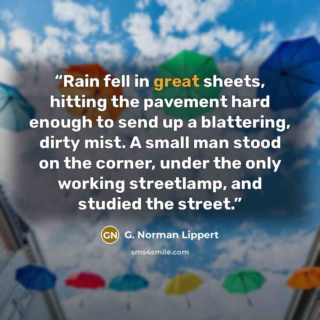 “Rain fell in great sheets, hitting the pavement hard enough to send up a blattering, dirty mist. A small man stood on the corner, under the only working streetlamp, and studied the street.” quote by G. Norman Lippert