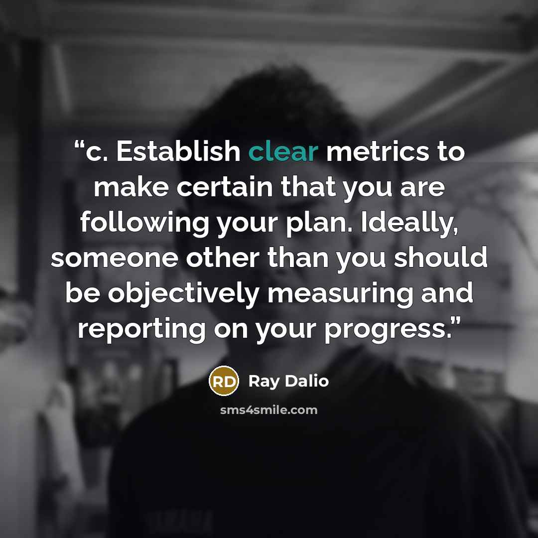 “c. Establish clear metrics to make certain that you are following your plan. Ideally, someone other than you should be objectively measuring and reporting on your progress.” quote by Ray Dalio