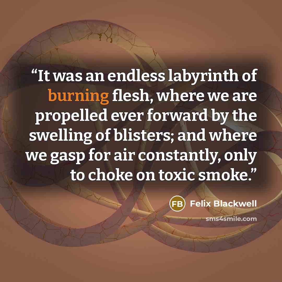 “It was an endless labyrinth of burning flesh, where we are propelled ever forward by the swelling of blisters; and where we gasp for air constantly, only to choke on toxic smoke.” quote by Felix Blackwell