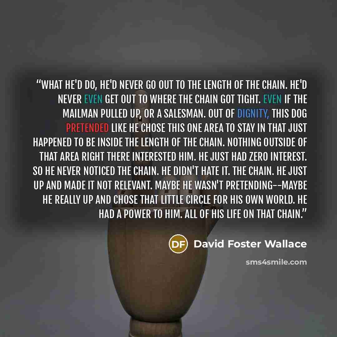 “What he'd do, he'd never go out to the length of the chain. He'd never even get out to where the chain got tight. Even if the mailman pulled up, or a salesman. Out of dignity, this dog pretended like he chose this one area to stay in that just happened to be inside the length of the chain. Nothing…” quote by David Foster Wallace