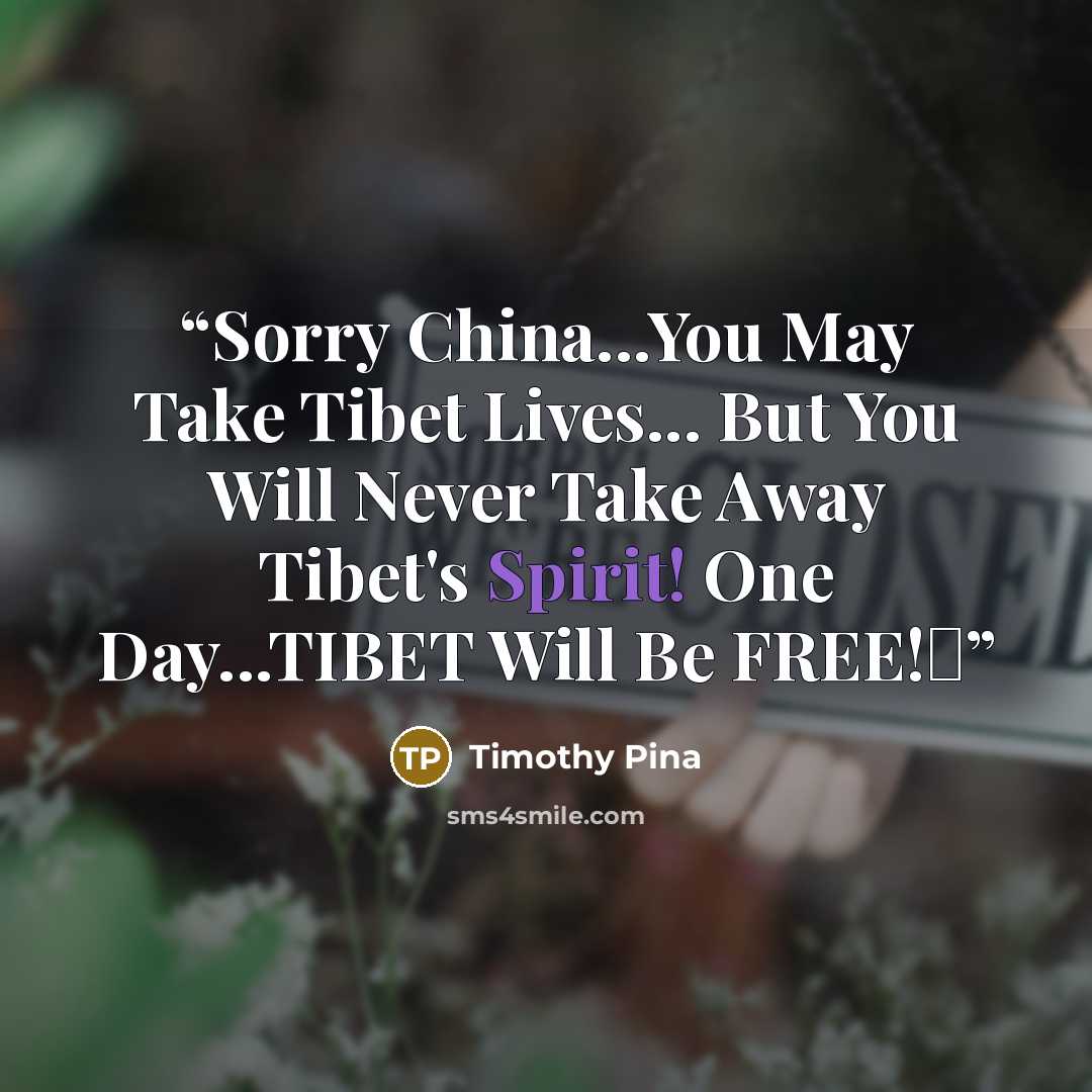 “Sorry China...You May Take Tibet Lives... But You Will Never Take Away Tibet's Spirit! One Day...TIBET Will Be FREE!✌” quote by Timothy Pina