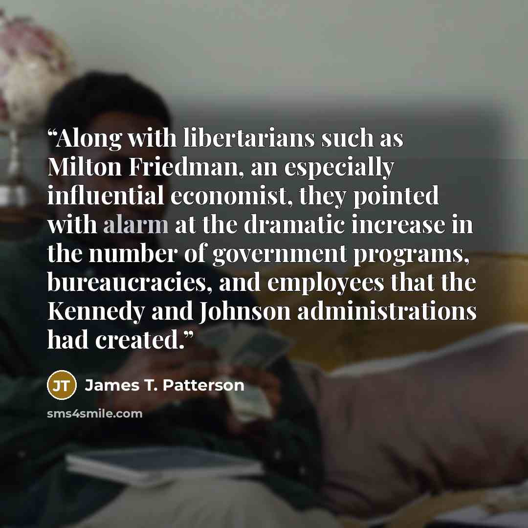 “Along with libertarians such as Milton Friedman, an especially influential economist, they pointed with alarm at the dramatic increase in the number of government programs, bureaucracies, and employees that the Kennedy and Johnson administrations had created.” quote by James T. Patterson