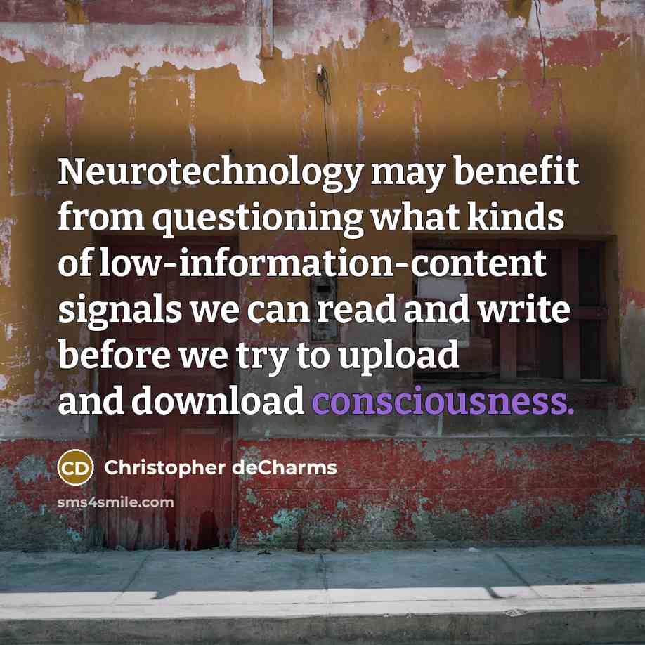 “Neurotechnology may benefit from questioning what kinds of low-information-content signals we can read and write before we try to upload and download consciousness.” quote by Christopher deCharms