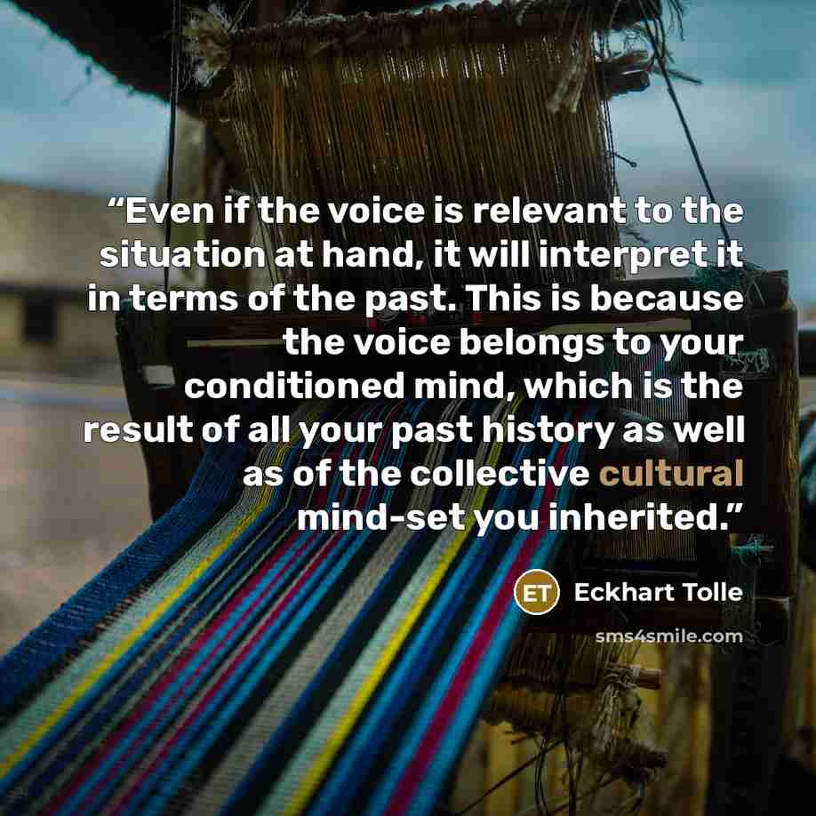 “Even if the voice is relevant to the situation at hand, it will interpret it in terms of the past. This is because the voice belongs to your conditioned mind, which is the result of all your past history as well as of the collective cultural mind-set you inherited.” quote by Eckhart Tolle