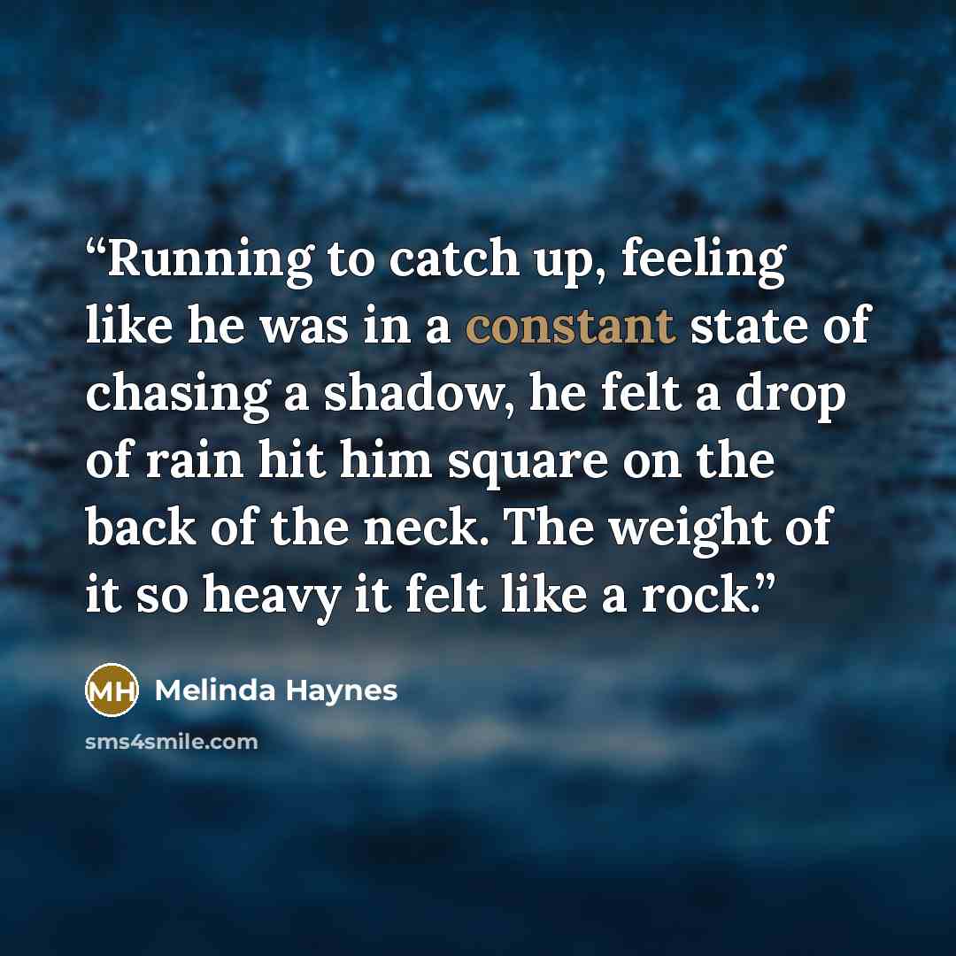 “Running to catch up, feeling like he was in a constant state of chasing a shadow, he felt a drop of rain hit him square on the back of the neck. The weight of it so heavy it felt like a rock.” quote by Melinda Haynes