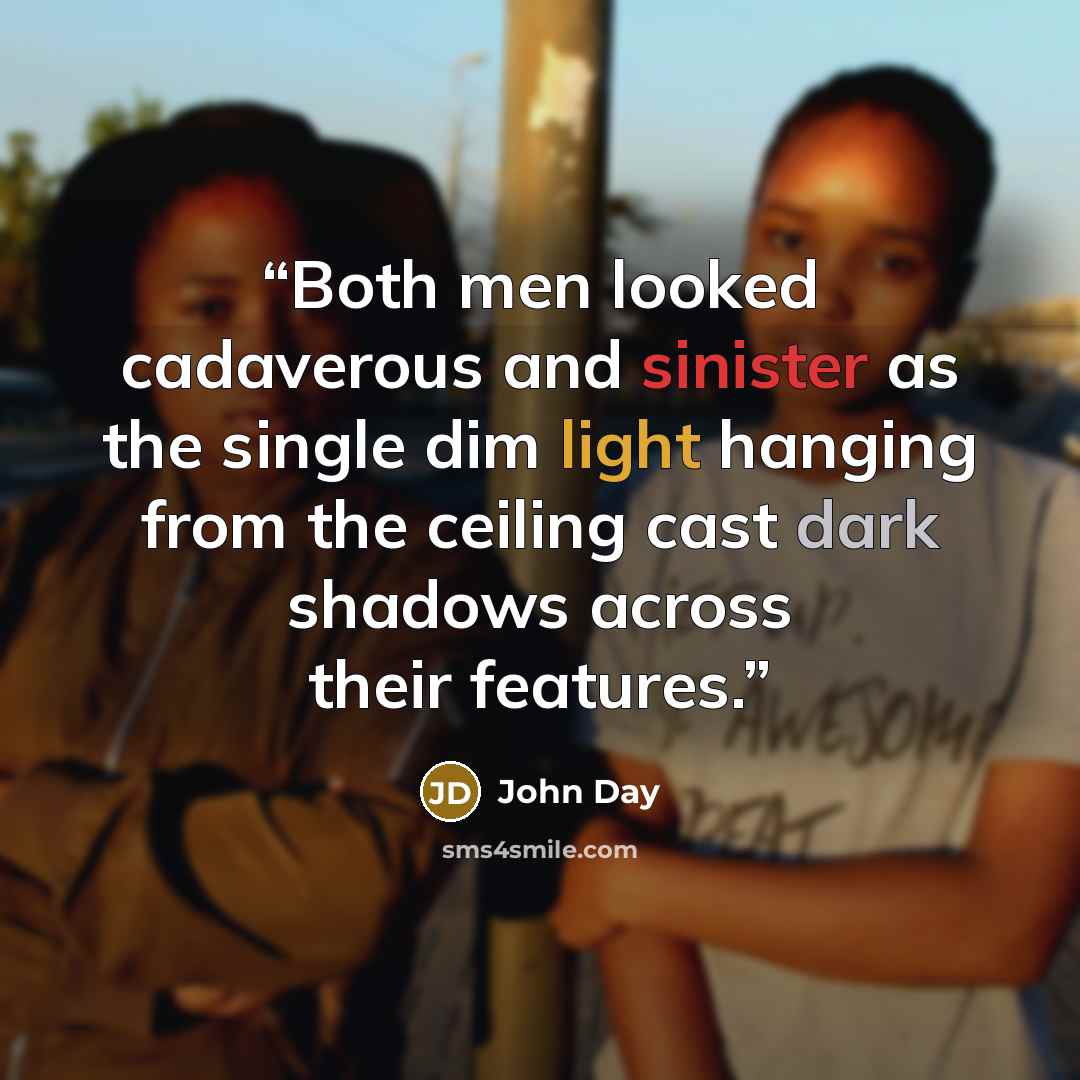 “Both men looked cadaverous and sinister as the single dim light hanging from the ceiling cast dark shadows across their features.” quote by John Day
