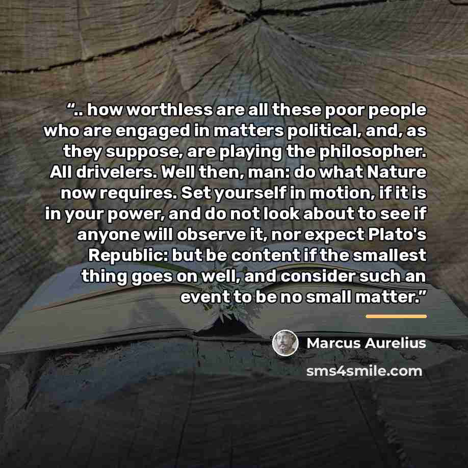 “.. how worthless are all these poor people who are engaged in matters political, and, as they suppose, are playing the philosopher. All drivelers. Well then, man: do what Nature now requires. Set yourself in motion, if it is in your power, and do not look about to see if anyone will observe it…” quote by Marcus Aurelius