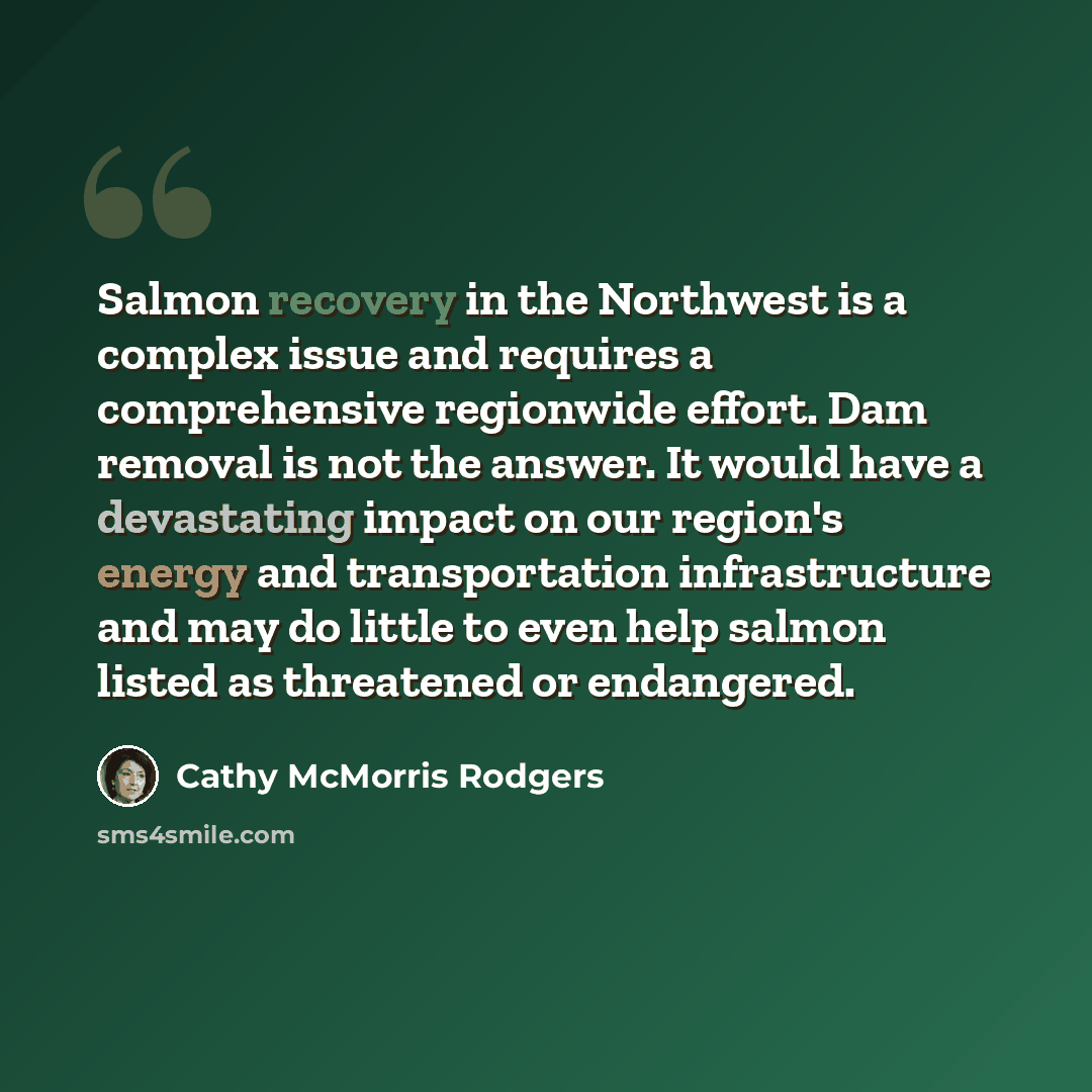 “Salmon recovery in the Northwest is a complex issue and requires a comprehensive regionwide effort. Dam removal is not the answer. It would have a devastating impact on our region's energy and transportation infrastructure and may do little to even help salmon listed as threatened or endangered.” quote by Cathy McMorris Rodgers