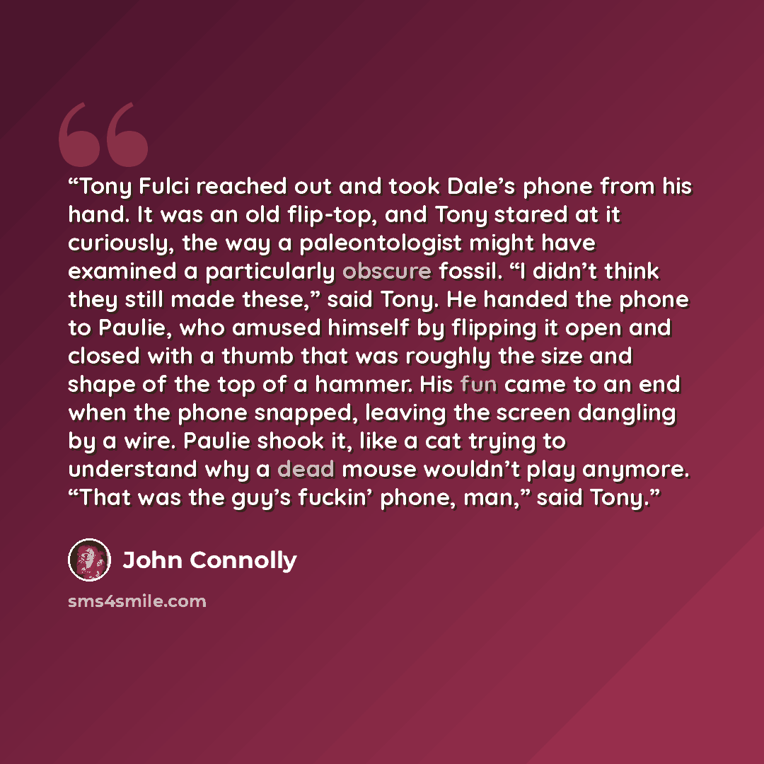 “Tony Fulci reached out and took Dale’s phone from his hand. It was an old flip-top, and Tony stared at it curiously, the way a paleontologist might have examined a particularly obscure fossil. “I didn’t think they still made these,” said Tony. He handed the phone to Paulie, who amused himself by…” quote by John Connolly