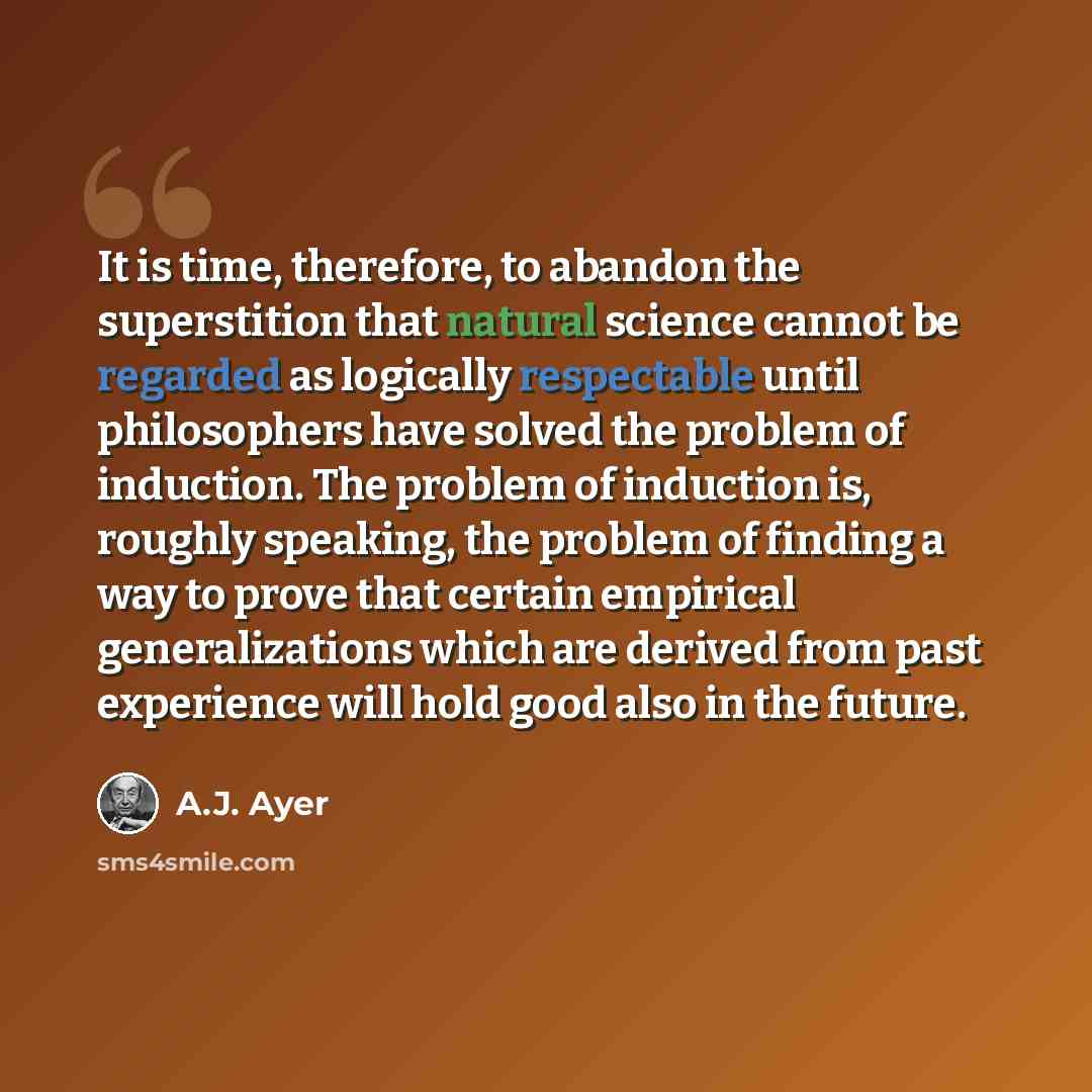 “It is time, therefore, to abandon the superstition that natural science cannot be regarded as logically respectable until philosophers have solved the problem of induction. The problem of induction is, roughly speaking, the problem of finding a way to prove that certain empirical generalizations…” quote by A.J. Ayer