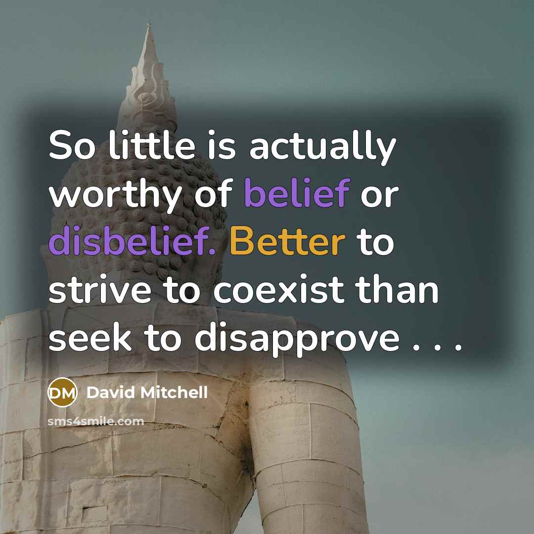 “So little is actually worthy of belief or disbelief. Better to strive to coexist than seek to disapprove . . .” quote by David Mitchell