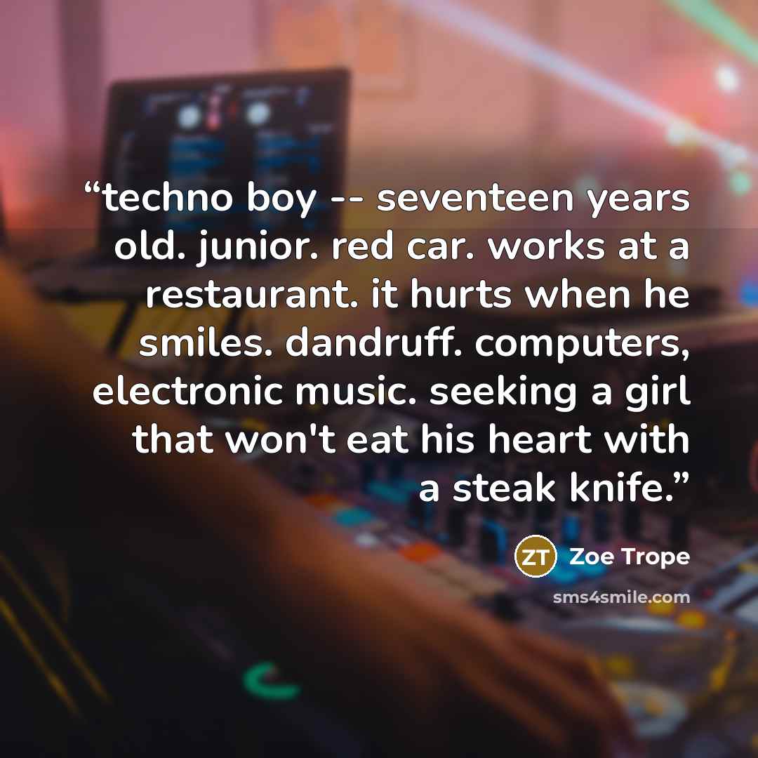 “techno boy -- seventeen years old. junior. red car. works at a restaurant. it hurts when he smiles. dandruff. computers, electronic music. seeking a girl that won't eat his heart with a steak knife.” quote by Zoe Trope