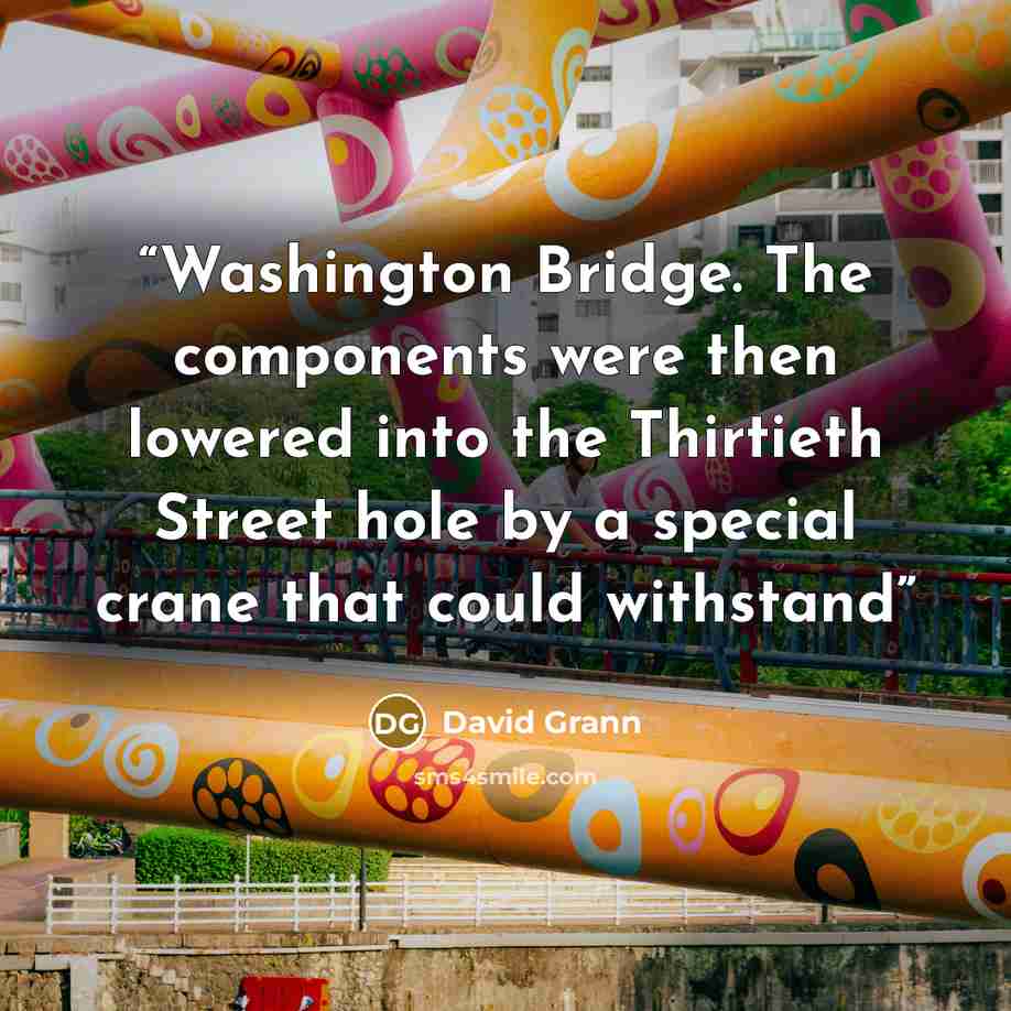“Washington Bridge. The components were then lowered into the Thirtieth Street hole by a special crane that could withstand” quote by David Grann