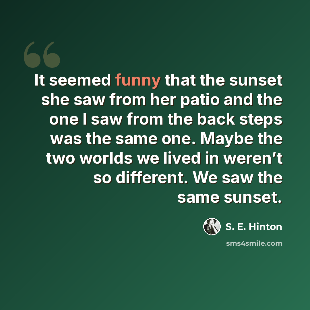“It seemed funny that the sunset she saw from her patio and the one I saw from the back steps was the same one. Maybe the two worlds we lived in weren’t so different. We saw the same sunset.” quote by S. E. Hinton