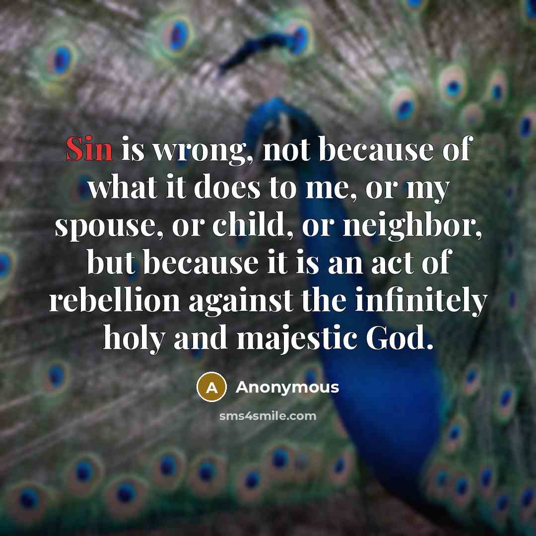 “Sin is wrong, not because of what it does to me, or my spouse, or child, or neighbor, but because it is an act of rebellion against the infinitely holy and majestic God.” quote by Anonymous