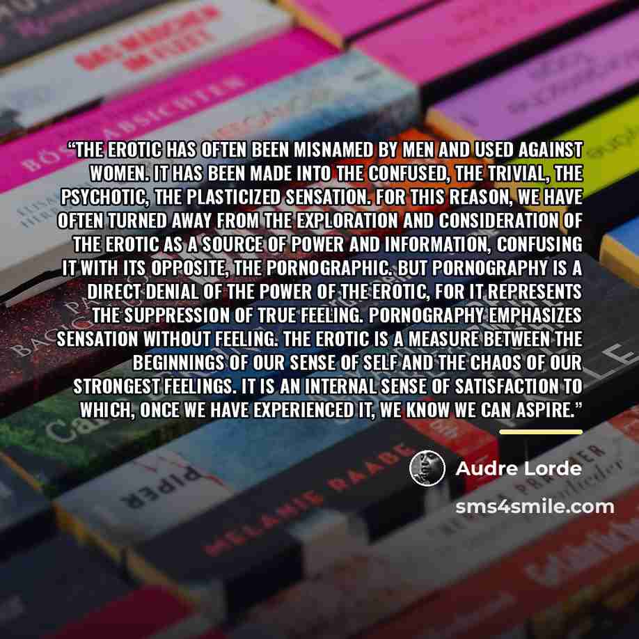 “The erotic has often been misnamed by men and used against women. It has been made into the confused, the trivial, the psychotic, the plasticized sensation. For this reason, we have often turned away from the exploration and consideration of the erotic as a source of power and information…” quote by Audre Lorde
