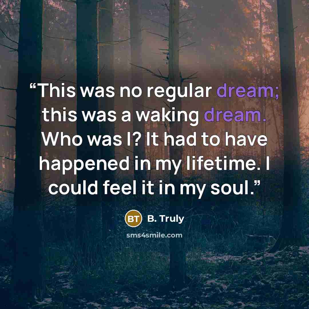 “This was no regular dream; this was a waking dream. Who was I? It had to have happened in my lifetime. I could feel it in my soul.” quote by B. Truly