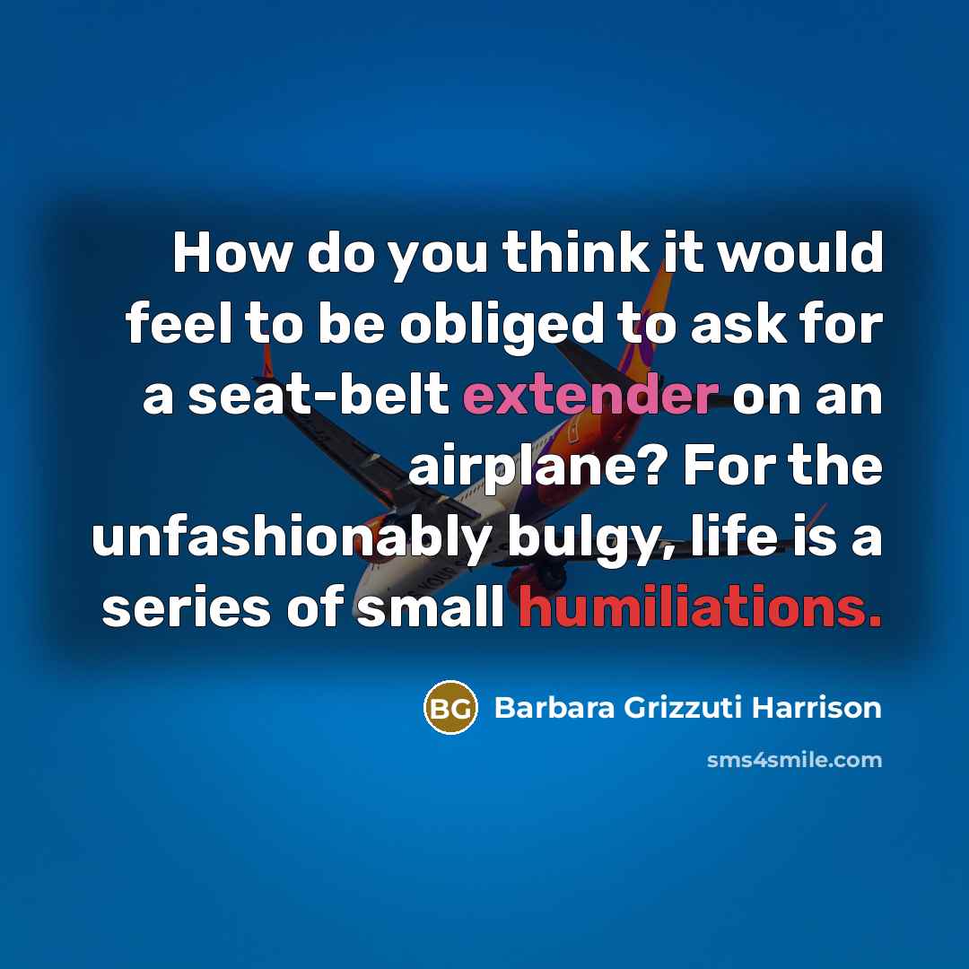 “How do you think it would feel to be obliged to ask for a seat-belt extender on an airplane? For the unfashionably bulgy, life is a series of small humiliations.” quote by Barbara Grizzuti Harrison