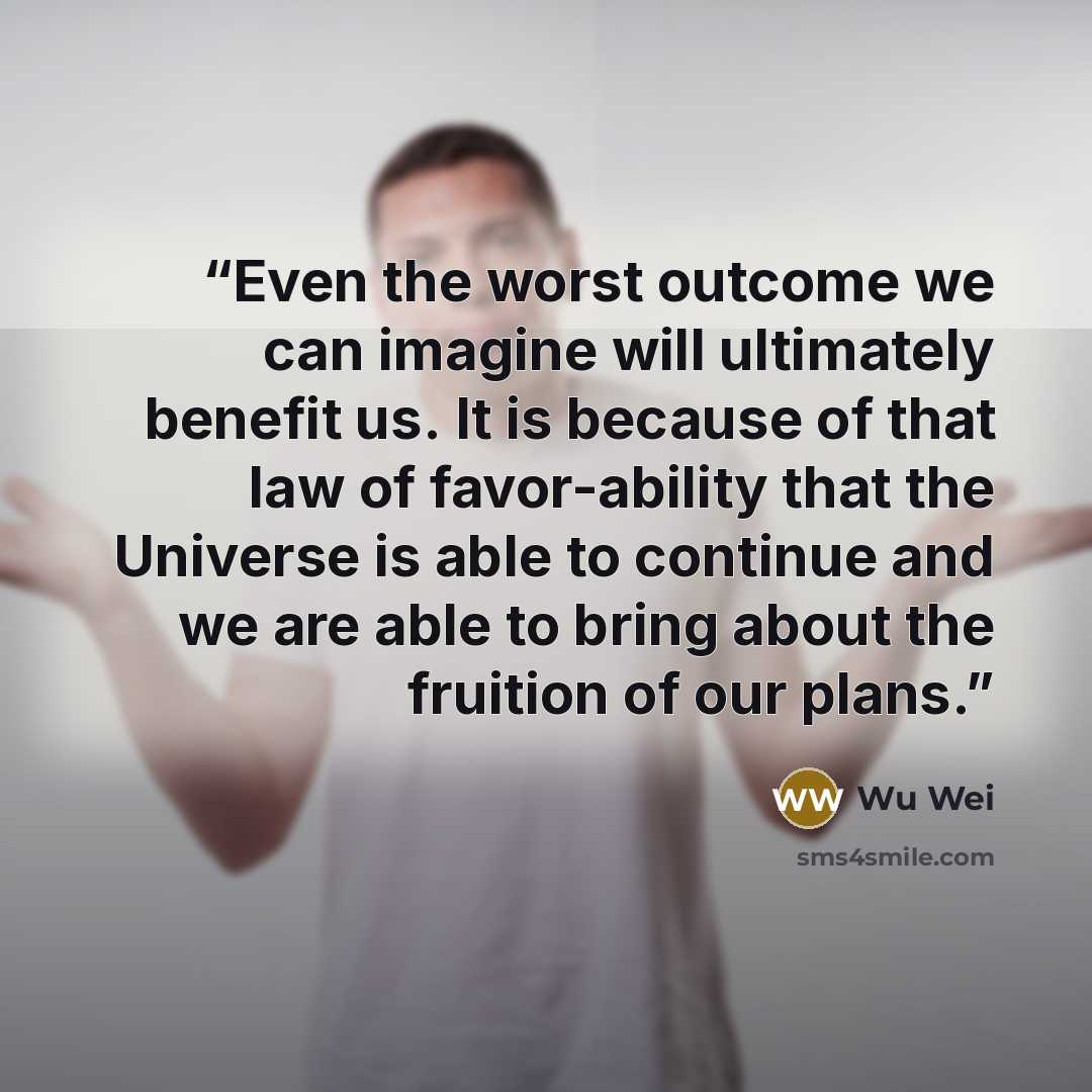 “Even the worst outcome we can imagine will ultimately benefit us. It is because of that law of favor-ability that the Universe is able to continue and we are able to bring about the fruition of our plans.” quote by Wu Wei