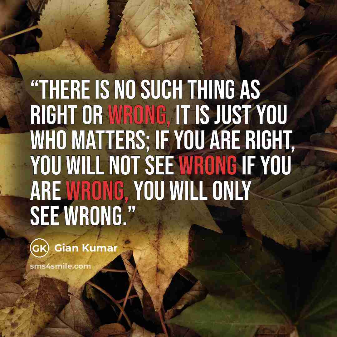 “There is no such thing as right or wrong, it is just you who matters; If you are right, you will not see wrong If you are wrong, you will only see wrong.” quote by Gian Kumar