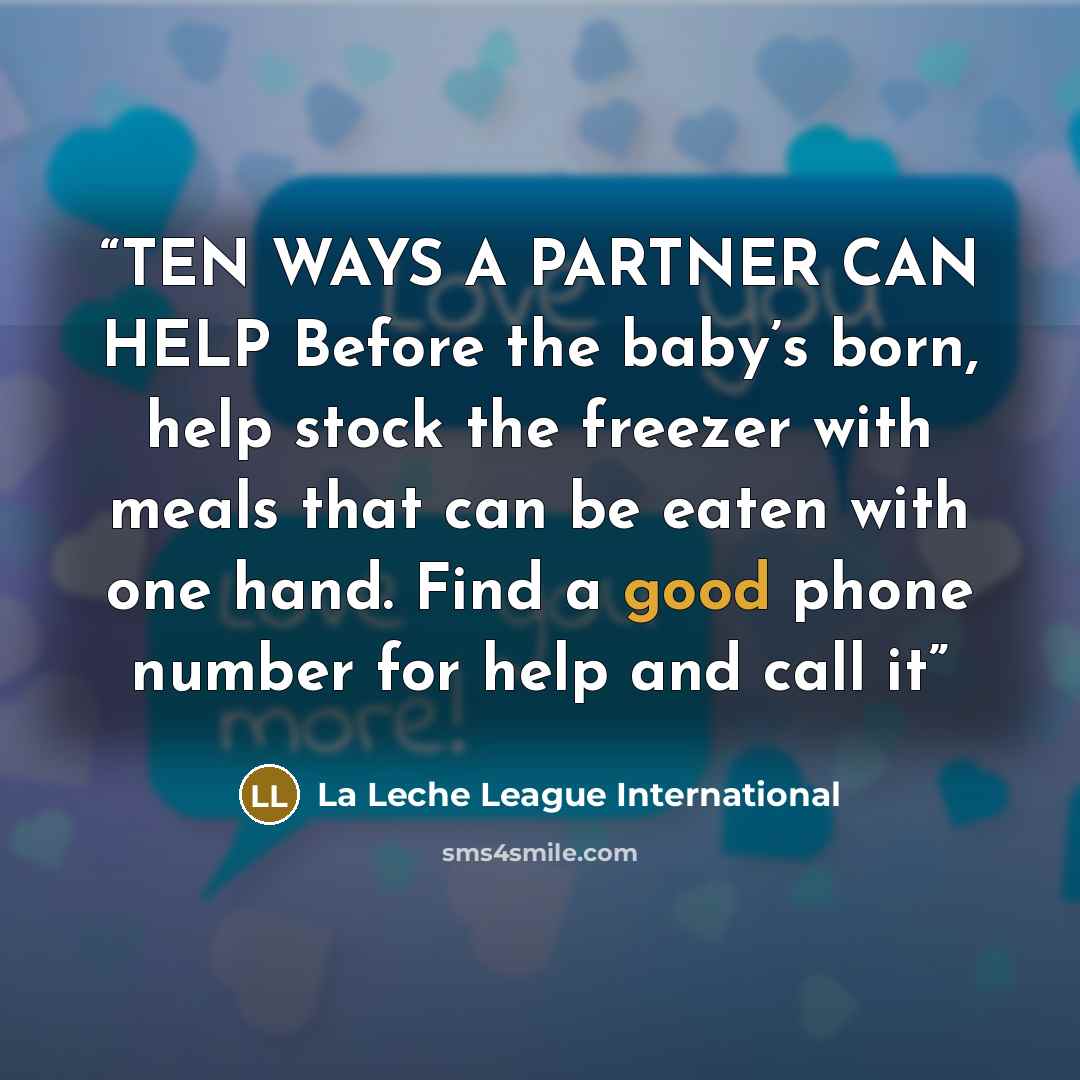 “TEN WAYS A PARTNER CAN HELP Before the baby’s born, help stock the freezer with meals that can be eaten with one hand. Find a good phone number for help and call it” quote by La Leche League International