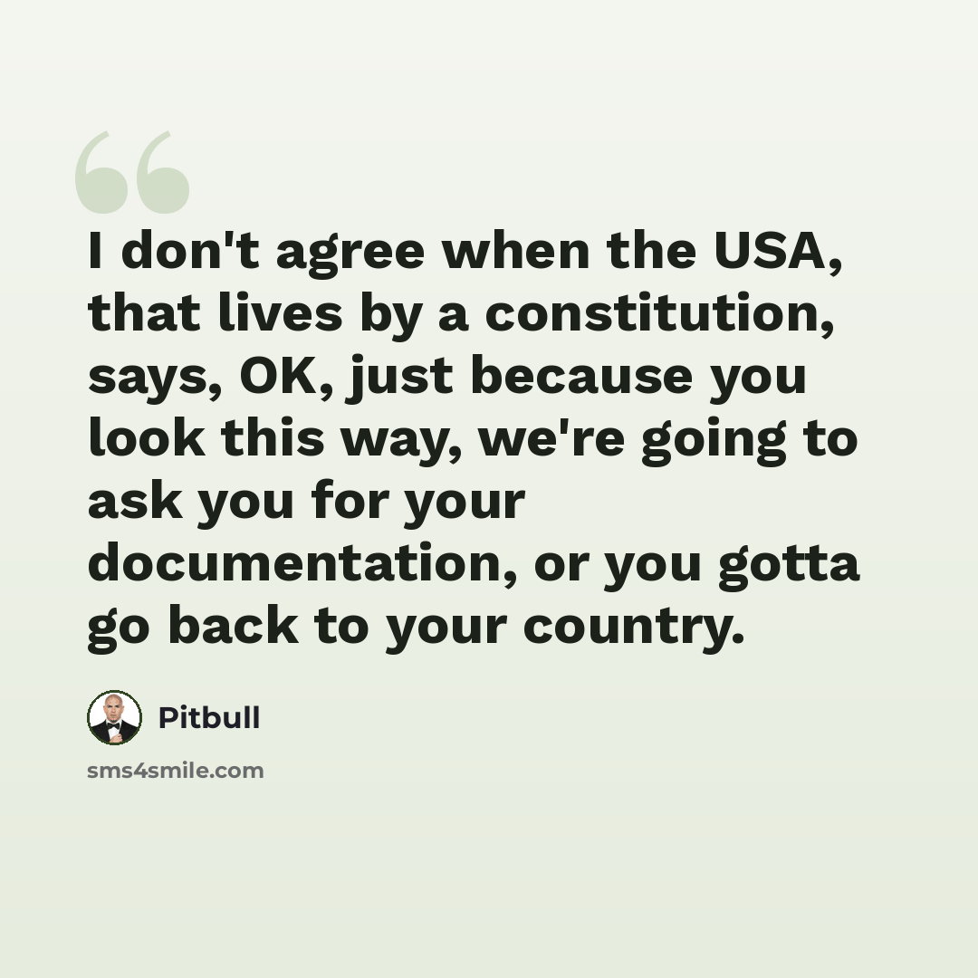 “I don't agree when the USA, that lives by a constitution, says, OK, just because you look this way, we're going to ask you for your documentation, or you gotta go back to your country.” quote by Pitbull