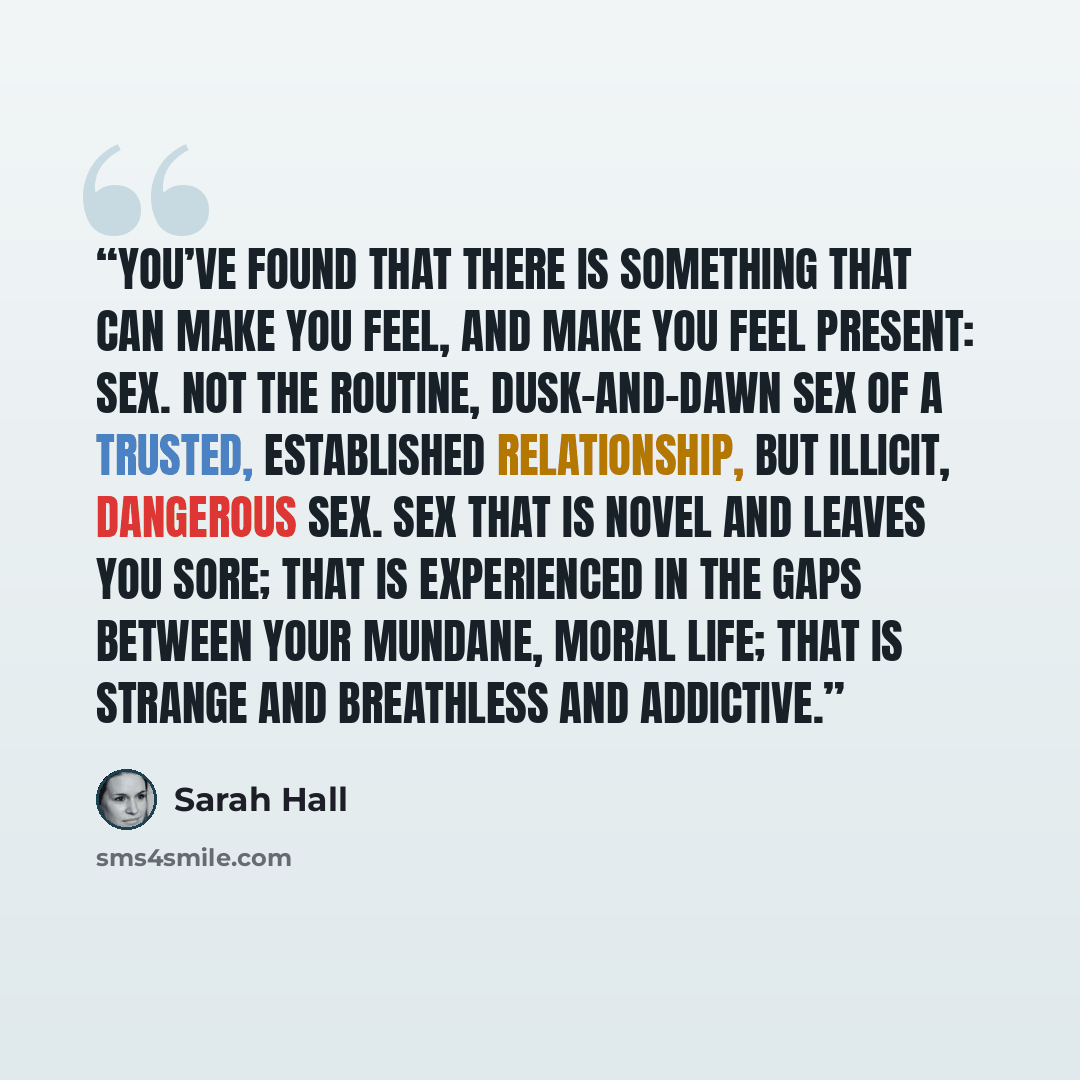 “You’ve found that there is something that can make you feel, and make you feel present: sex. Not the routine, dusk-and-dawn sex of a trusted, established relationship, but illicit, dangerous sex. Sex that is novel and leaves you sore; that is experienced in the gaps between your mundane, moral…” quote by Sarah Hall