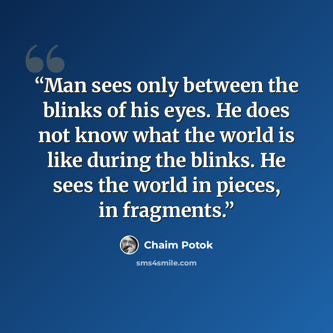 “Man sees only between the blinks of his eyes. He does not know what the world is like during the blinks. He sees the world in pieces, in fragments.” quote by Chaim Potok